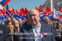 Шествие Первомайской колонны по улице Большая Покровская в Нижнем Новгороде