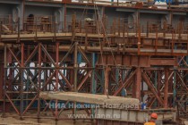 Строительные работы и подготовка к монтажу арочной пролетной конструкции на дублере Борского моста в Нижнем Новгороде