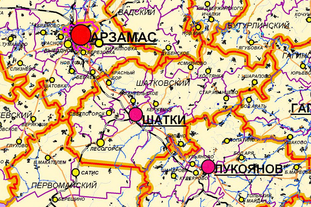 Карта шатковского района нижегородской области с селами и городами на русском
